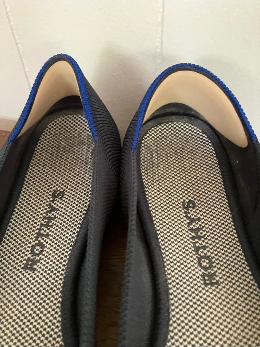 Rothy's Black Pointed Knit Flats with Blue Trim